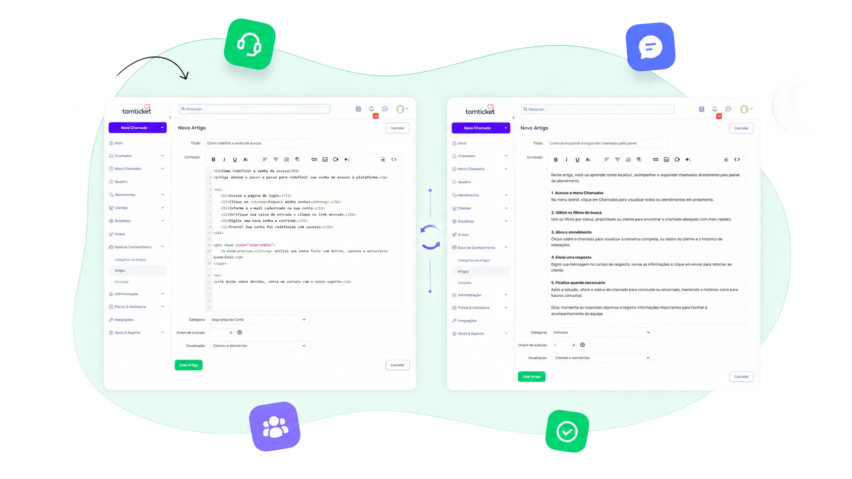 Interface da Base de Conhecimento da TomTicket com editor e artigos publicados