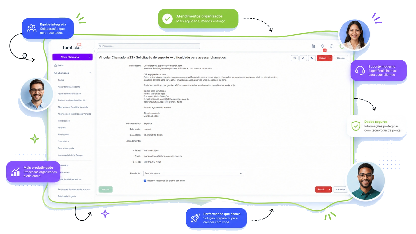 Tela do TomTicket vinculando um chamado por e-mail com destaques de organização, suporte moderno e dados seguros.