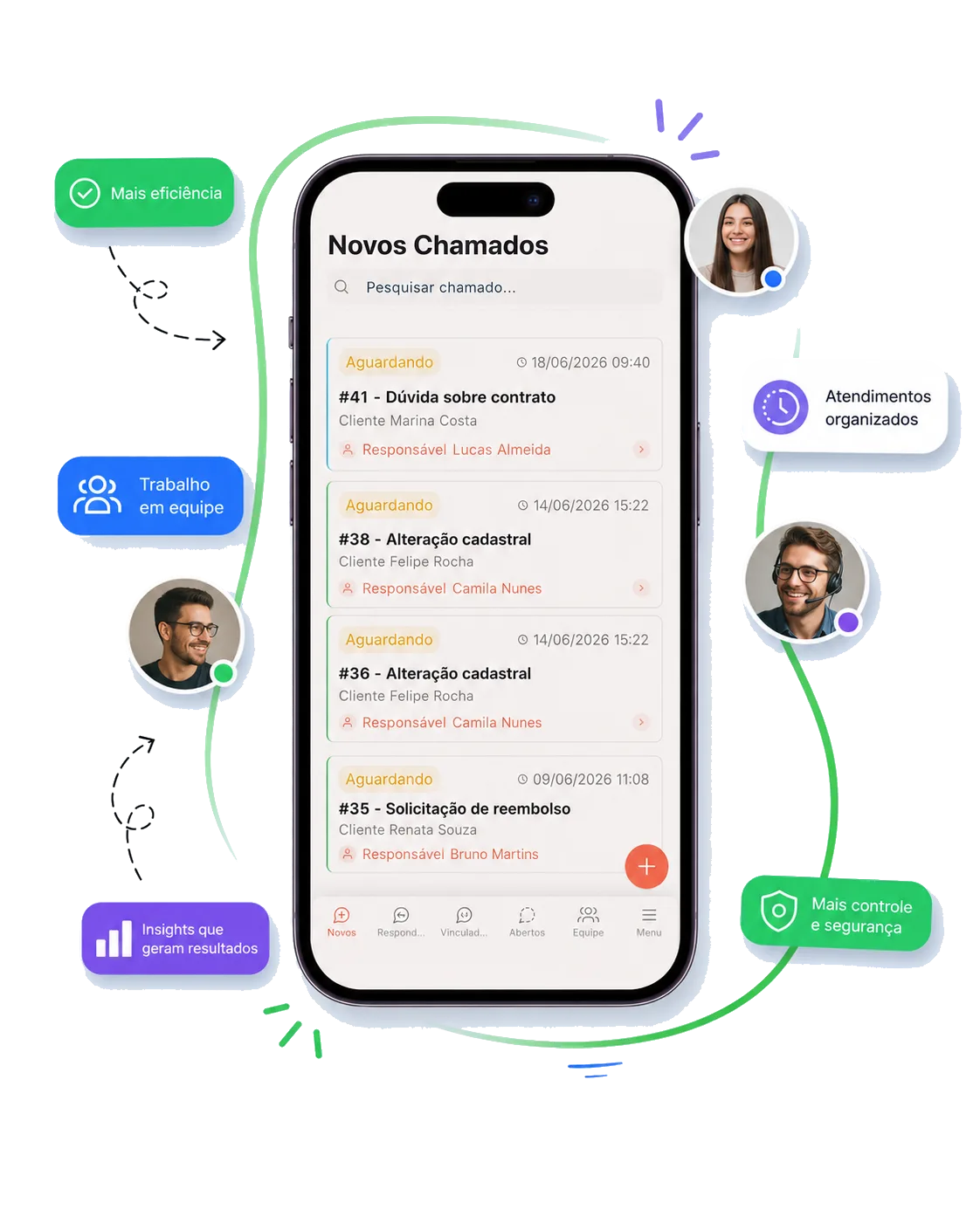 Aplicativo TomTicket para atendentes com visão de chamados, colaboração em equipe e produtividade em qualquer lugar.
