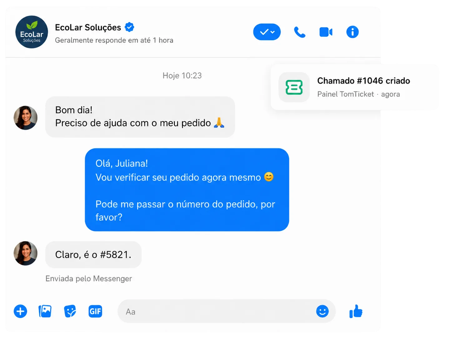 Conversa do Facebook Messenger integrada ao painel TomTicket