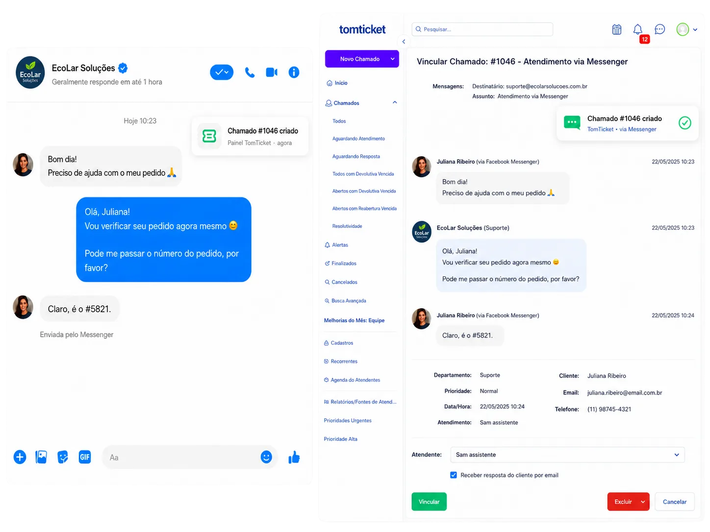 Conversa do Messenger vinculada a um chamado dentro do painel TomTicket
