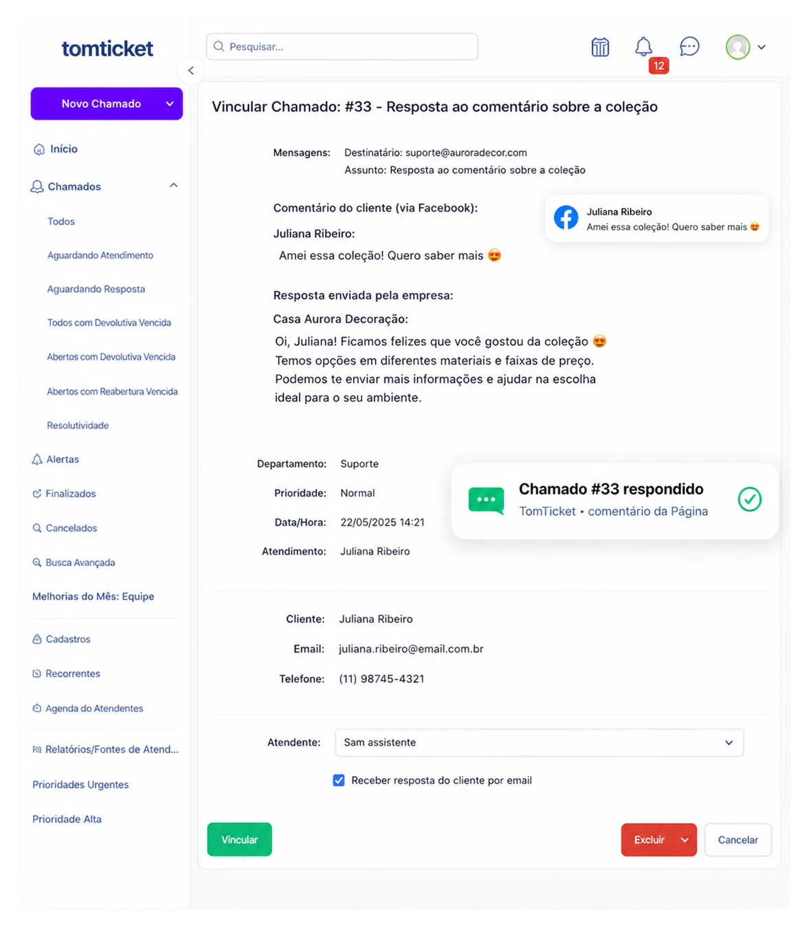 Comentário do Facebook convertido em chamado no TomTicket