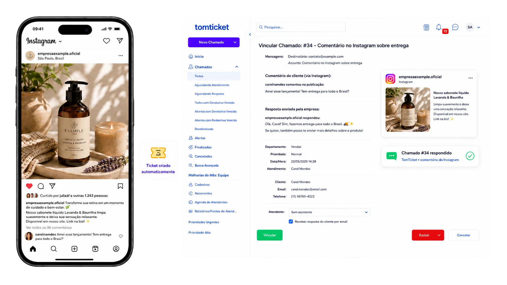 Instagram integrado ao TomTicket com comentário em publicação convertido em chamado no painel.
