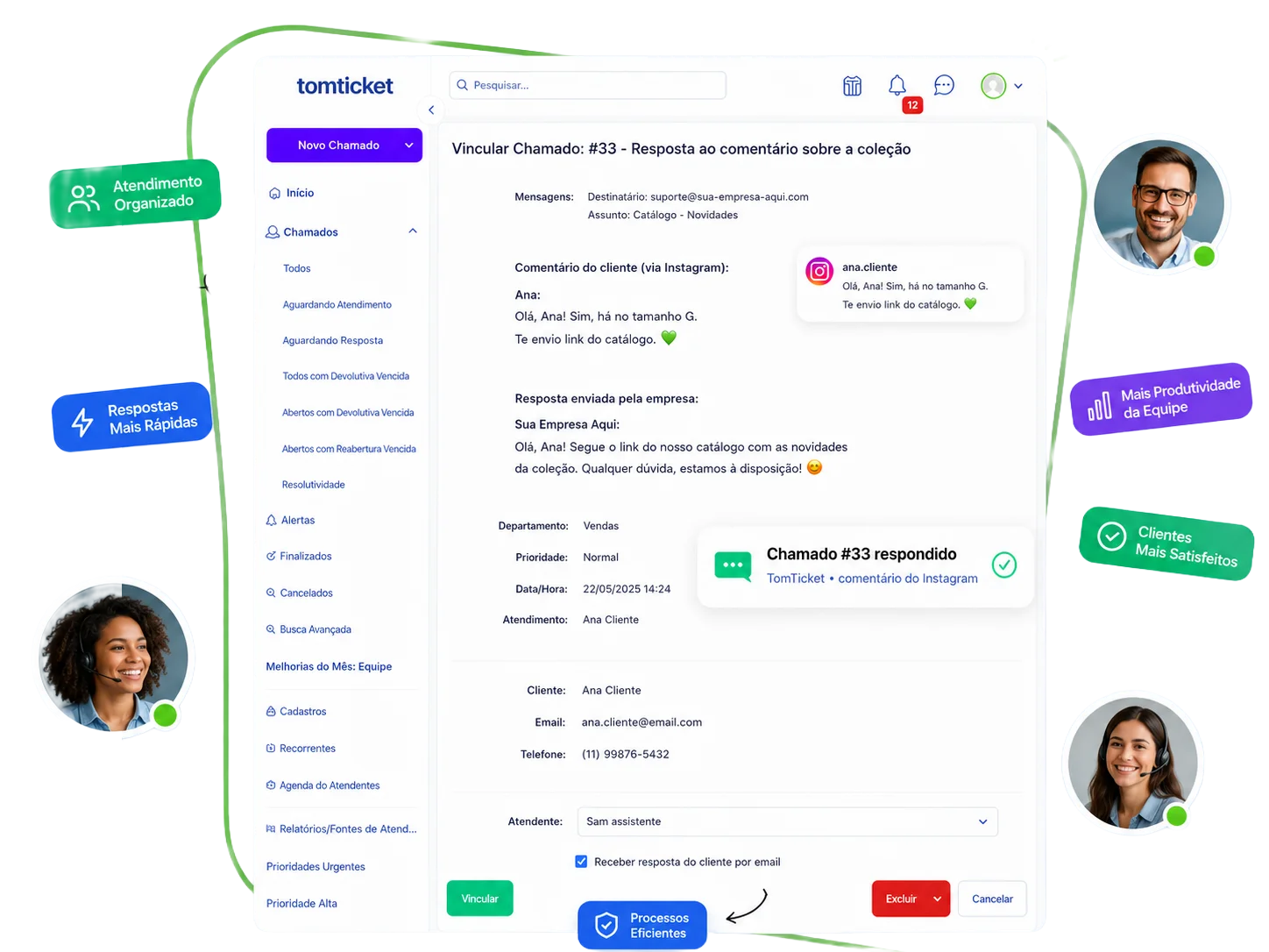 Painel do TomTicket com integração do Instagram exibindo comentário vinculado a chamado e benefícios de produtividade.