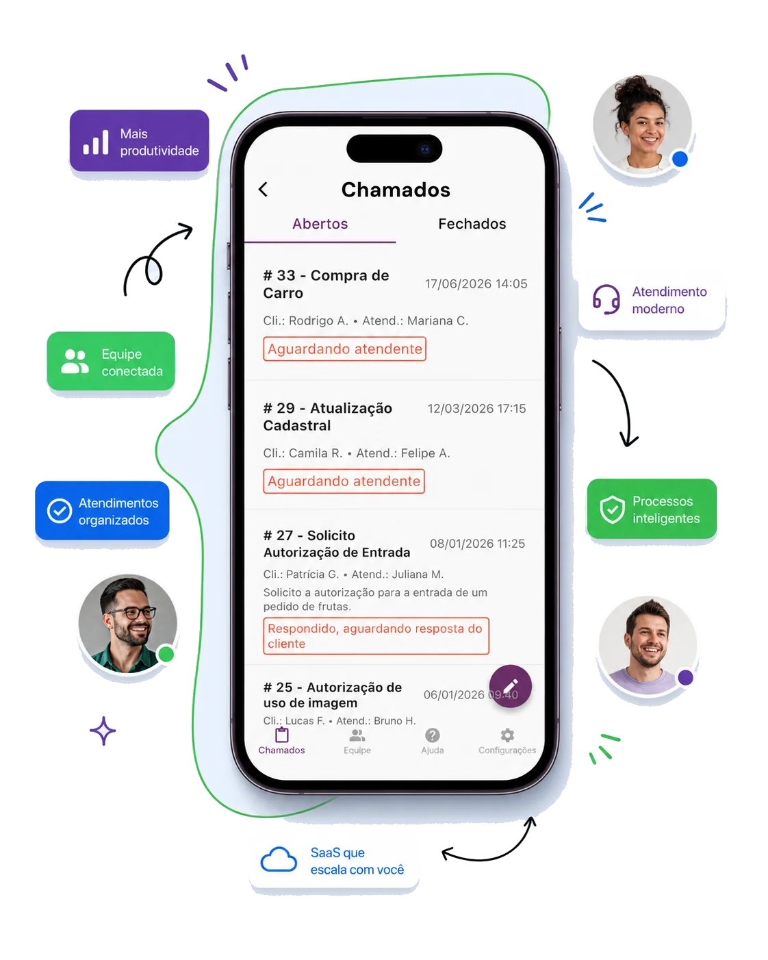 Aplicativo Meu Suporte exibindo lista de chamados e destaques de produtividade, equipe conectada e processos inteligentes.