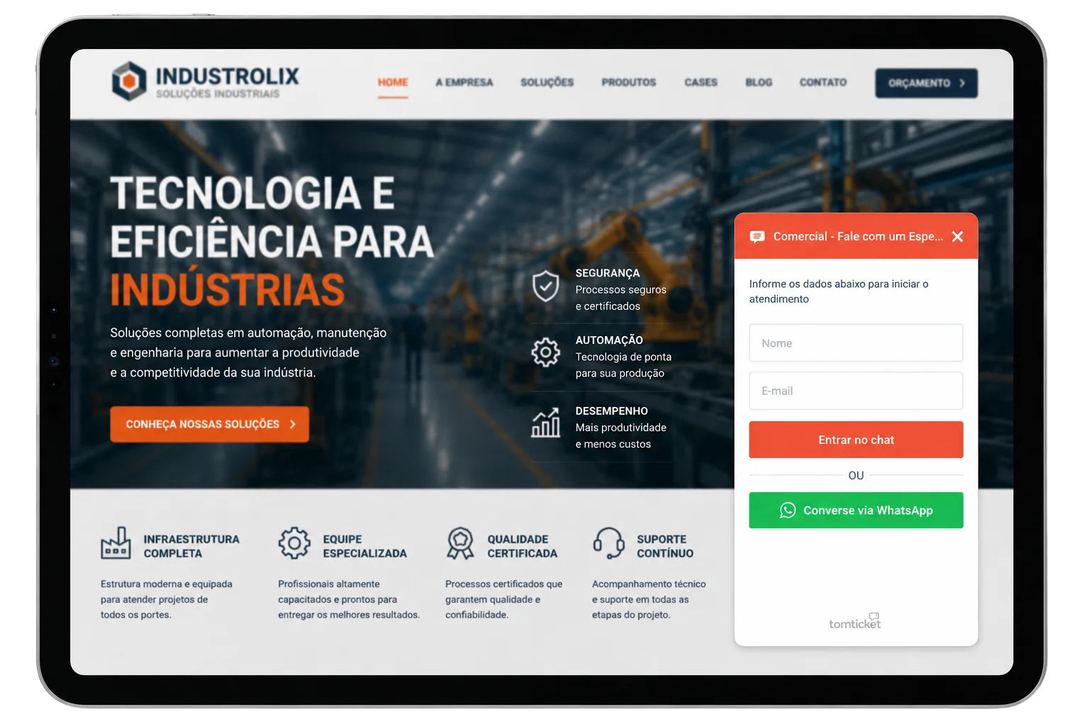 Exemplo de widget de chat personalizado no site da empresa com formulário de atendimento e opção de WhatsApp.