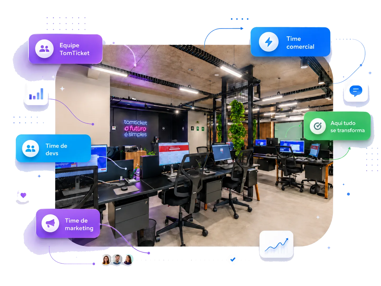 Equipe TomTicket em um ambiente de trabalho colaborativo.