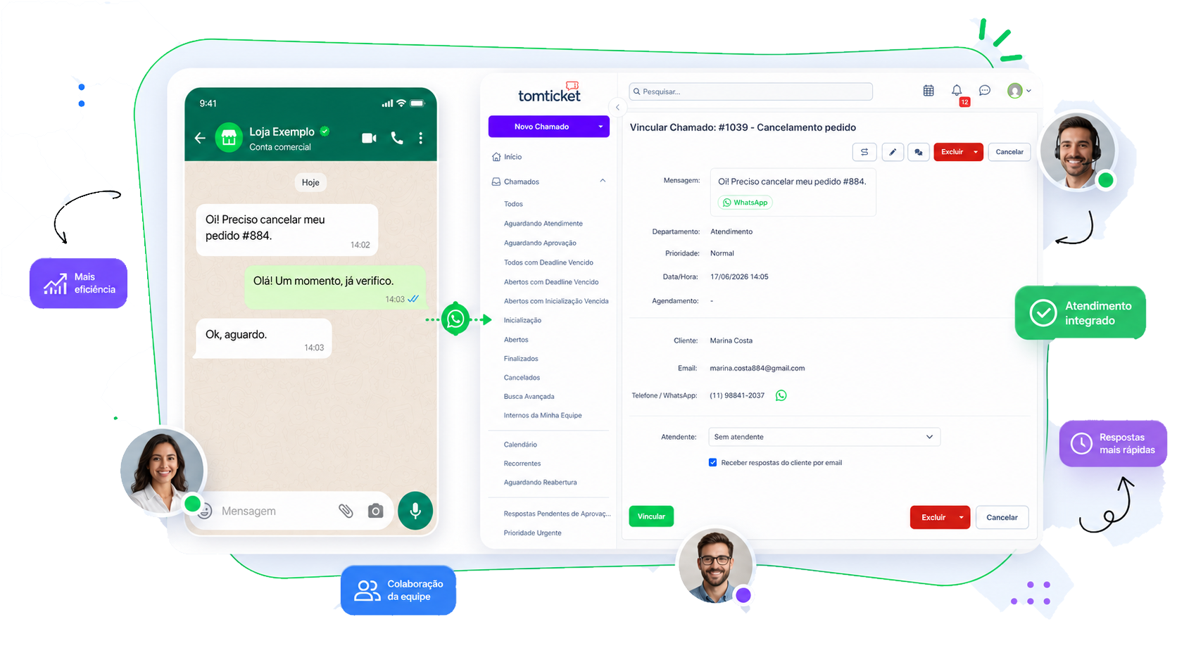 Mockup da integração entre WhatsApp e TomTicket