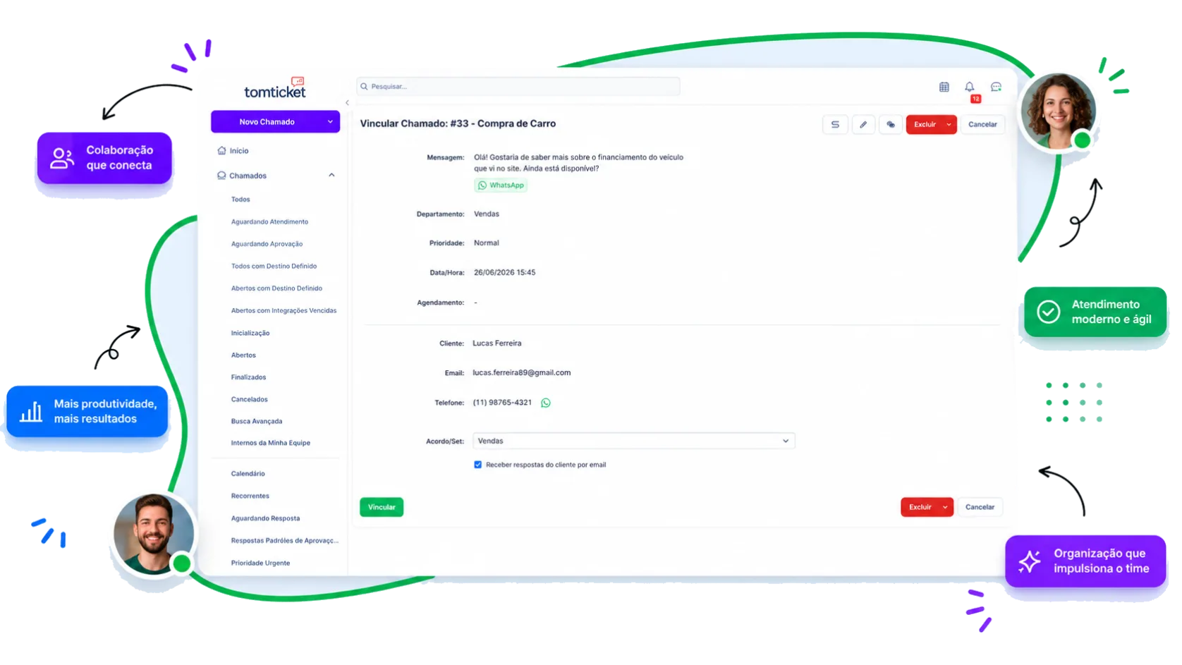 Mockup do painel TomTicket com conversas centralizadas do WhatsApp